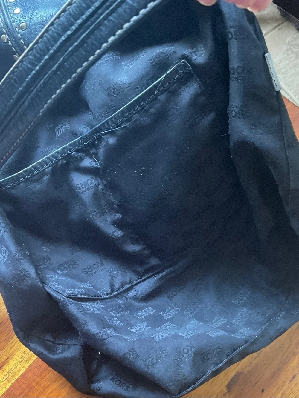 Michael Kors Black Leather Stud-Trim Hobo with MK Charm